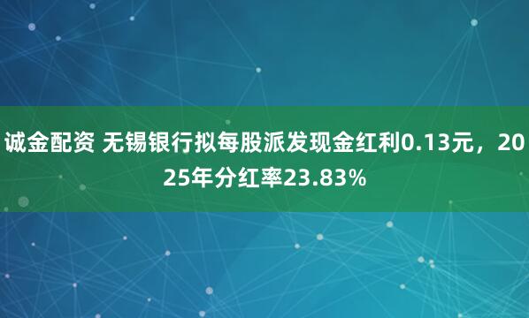 诚金配资 无锡银行拟每股派发现金红利0.13元，2025年分红率23.83%